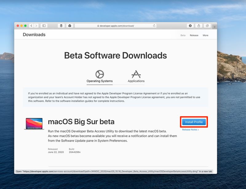 Portail des développeurs Apple - Téléchargement de la version bêta de MacOS Big Sur