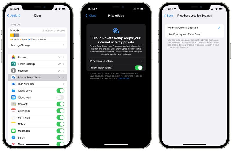 Three iPhone screenshots showing the iCloud Private Relay entry in iCloud settings (left), a splash screen for the feature (middle) and the IP address location settings (right)