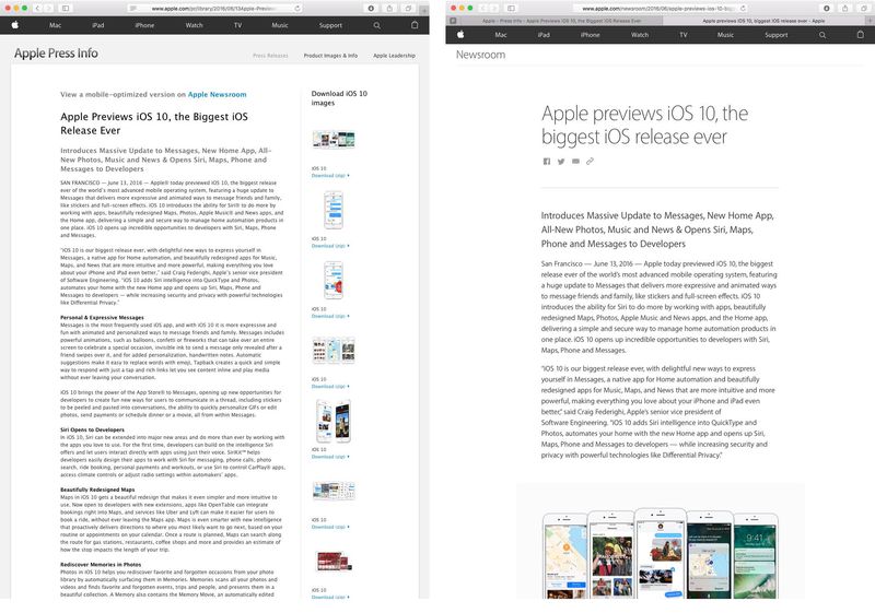 Apple Newsroom desktop vs mobile web screenshot 001