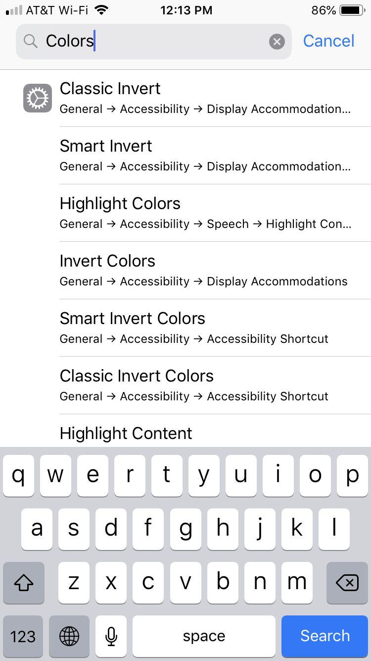 Colors Settings Search iPhone