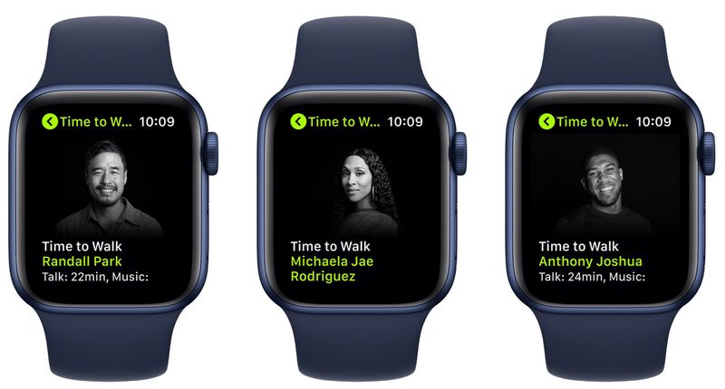 Promotional graphics showing the Time to Walk feature for Apple Fitness+ on Apple Watch
