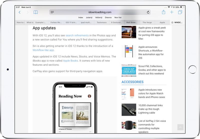 An iPad in landscape mode without Safari favicons in open tabs