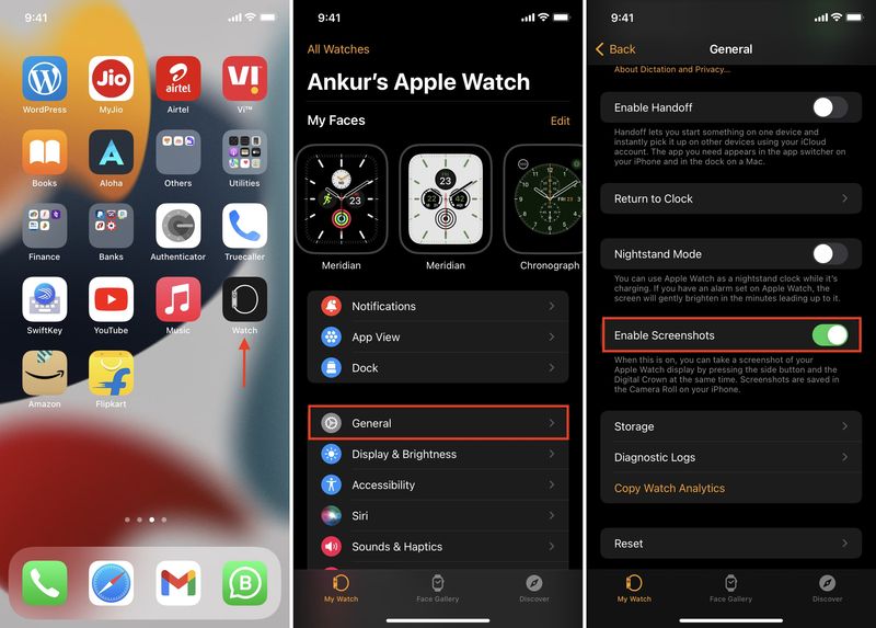 Enable Screenshots in Watch app on iPhone