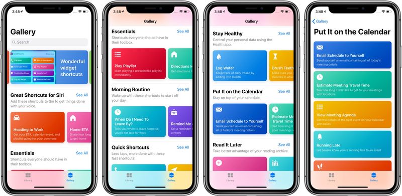 iPhone screenshots showing the gallery of scripts in the Shortcuts app