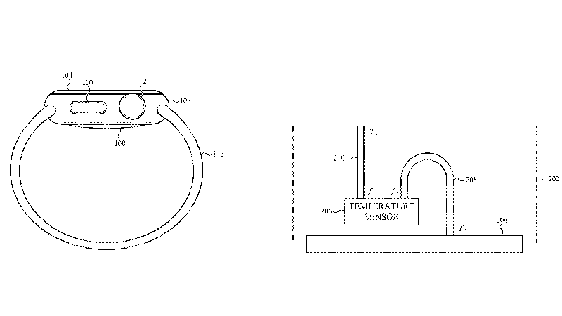 Patent drawing illustrating how an Apple Watch body temperature sensor works