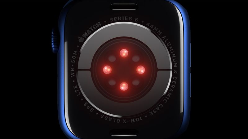 Promotional graphics showing the back crystal of Apple Watch Series 6 with health sensors