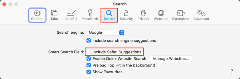 Désactiver Inclure les suggestions Safari sur Mac
