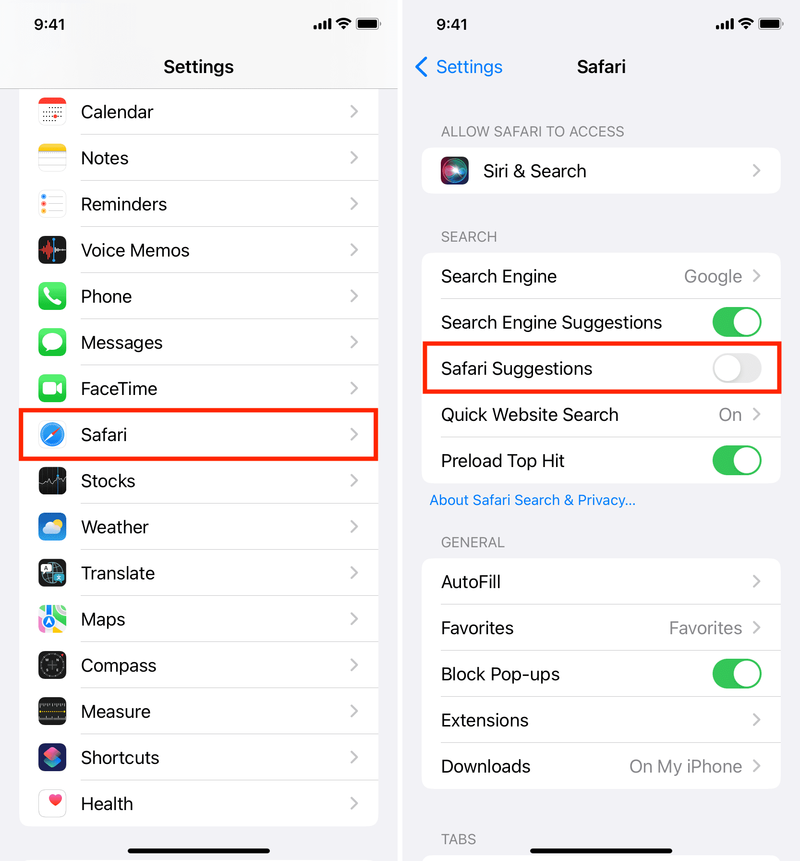 Désactiver les suggestions Safari sur iPhone