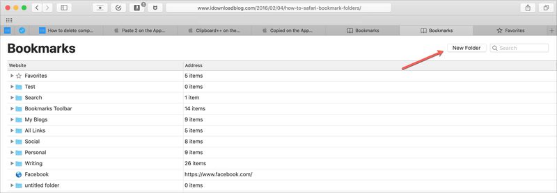 Safari Bookmarks Click New Folder