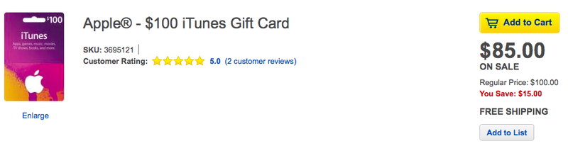 Best Buy (100USD gift Cards for 85USD)