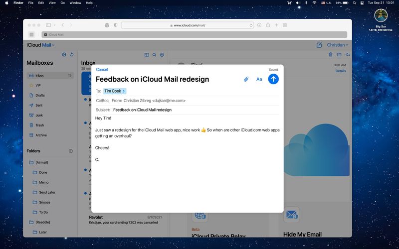 A Mac screenshot showing the iCloud Mail web app running in Safari