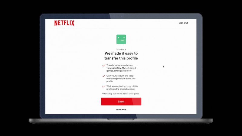 Écran de démarrage de la fonctionnalité de transfert de profil sur Netflix présentant les avantages du transfert des données de profil vers un nouveau compte