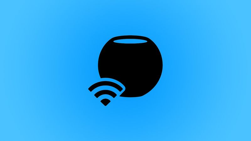 Black Wi-Fi icon next to a black HomePod mini glyph, set against a light blue gradient background