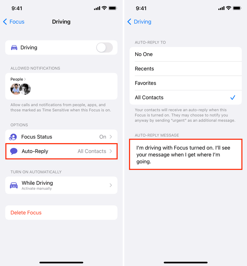 Modifier le message de réponse automatique pour la mise au point sur iPhone