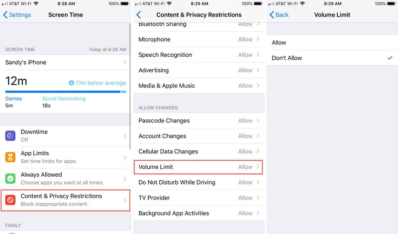 Restrictions de confidentialité du contenu Limite de volume