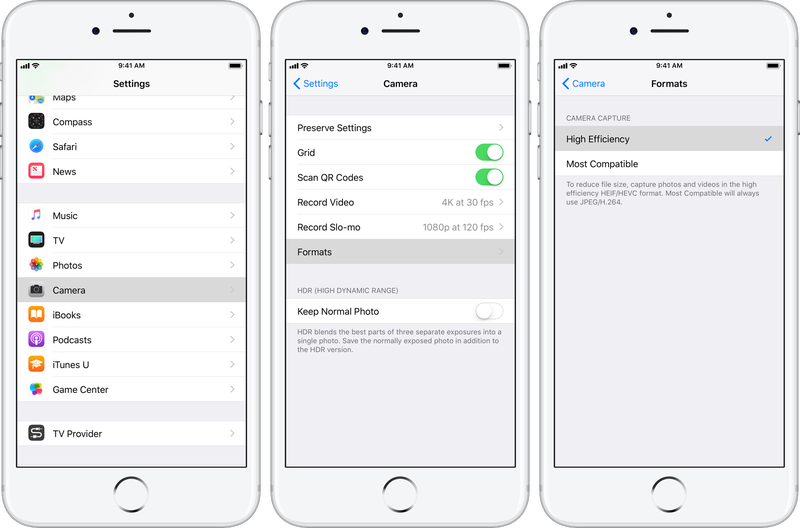 iOS 11 camera settings: High Efficiency and Most Compatible settings