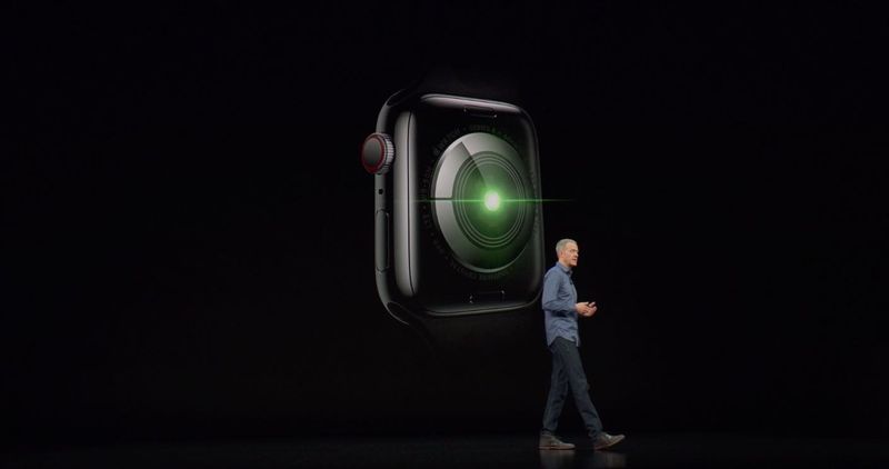 A slide from an Apple event showing the back crystal of the Apple Watch