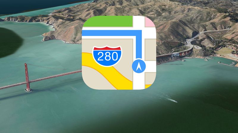 Apple Maps icon and aerial landscape shot