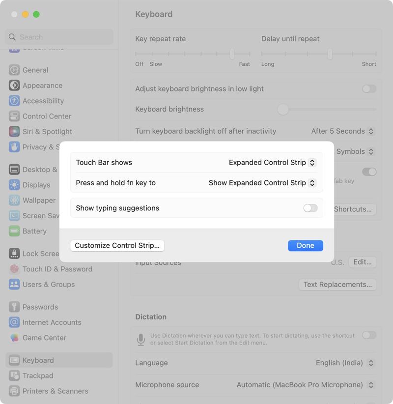 Configurez la barre tactile pour toujours afficher la bande de contrôle étendue sur MacBook