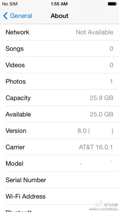 iOS 8 screenshot (Settings screenshot)