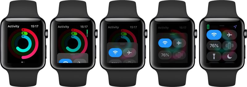 Apple Watch Control Center affiché dans l