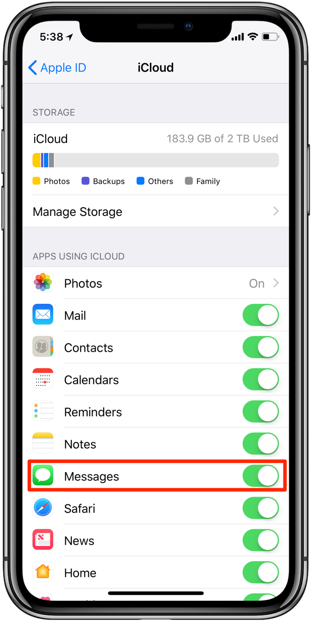 Application Paramètres de synchronisation Apple Messages iCloud