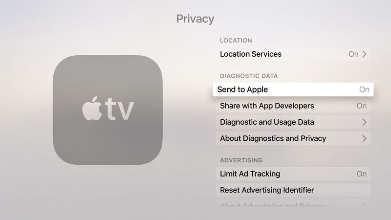 tvOS 9.2 Settings General Privacy Diagnostic data Apple TV screenshot 001