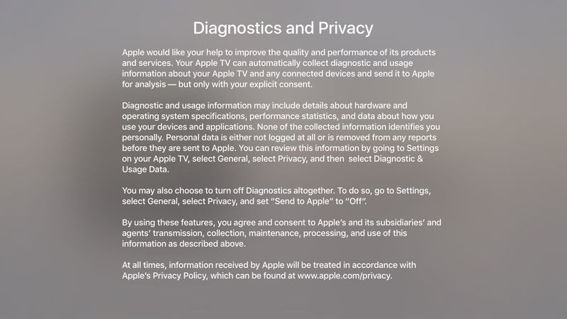tvOS 9.2 Settings General Privacy Diagnostic data Apple TV screenshot 003