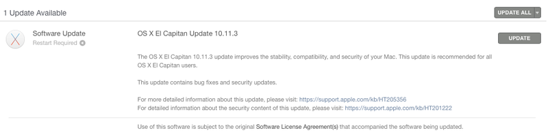 OS X 10.11.3 Mac App Store updated prompt