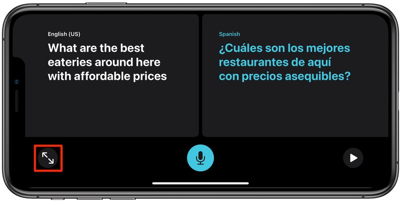 Apple Translate Conversation mode - maximizer button highlighted