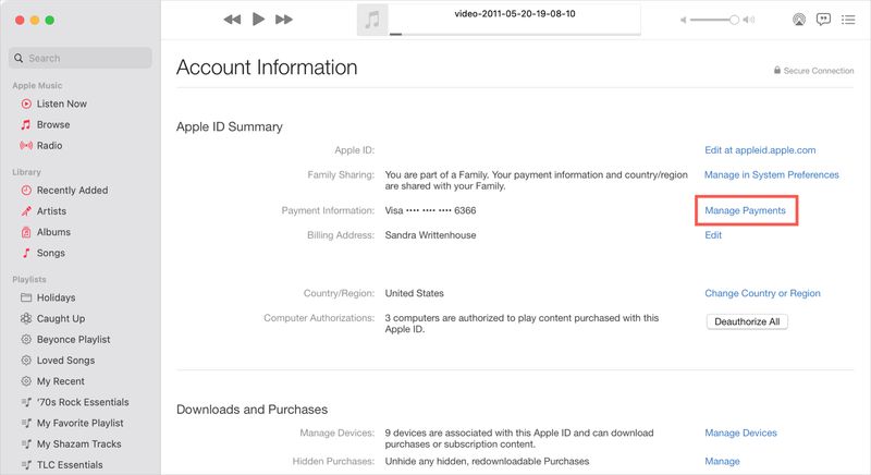 Cliquez sur Gérer les paiements dans Musique sur Mac