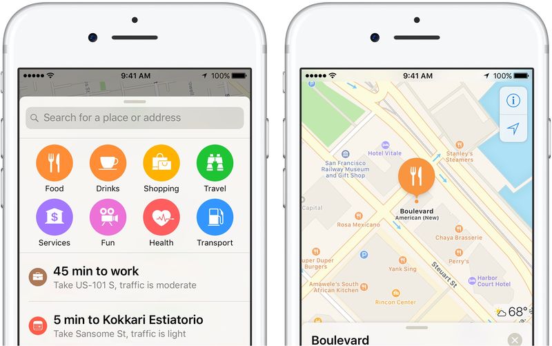 iOS 10 Apple Maps Quick Controls recherche le long de l