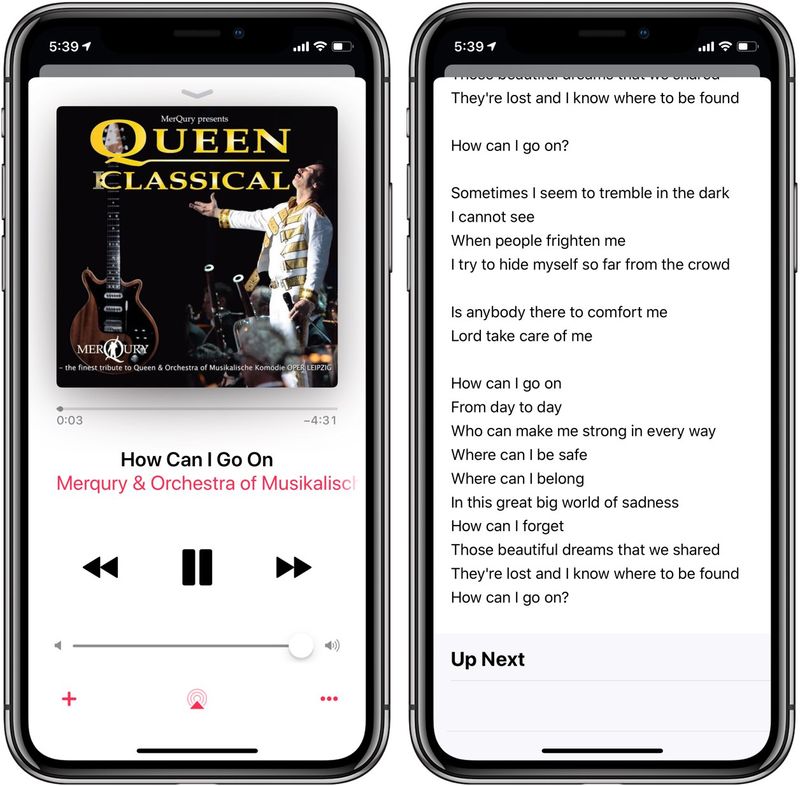La recherche de paroles peut fonctionner sur Apple Music ou être limitée à votre propre bibliothèque musicale