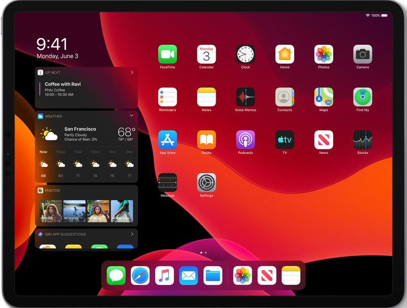 Dark mode showcased with iPadOS and the new home screen