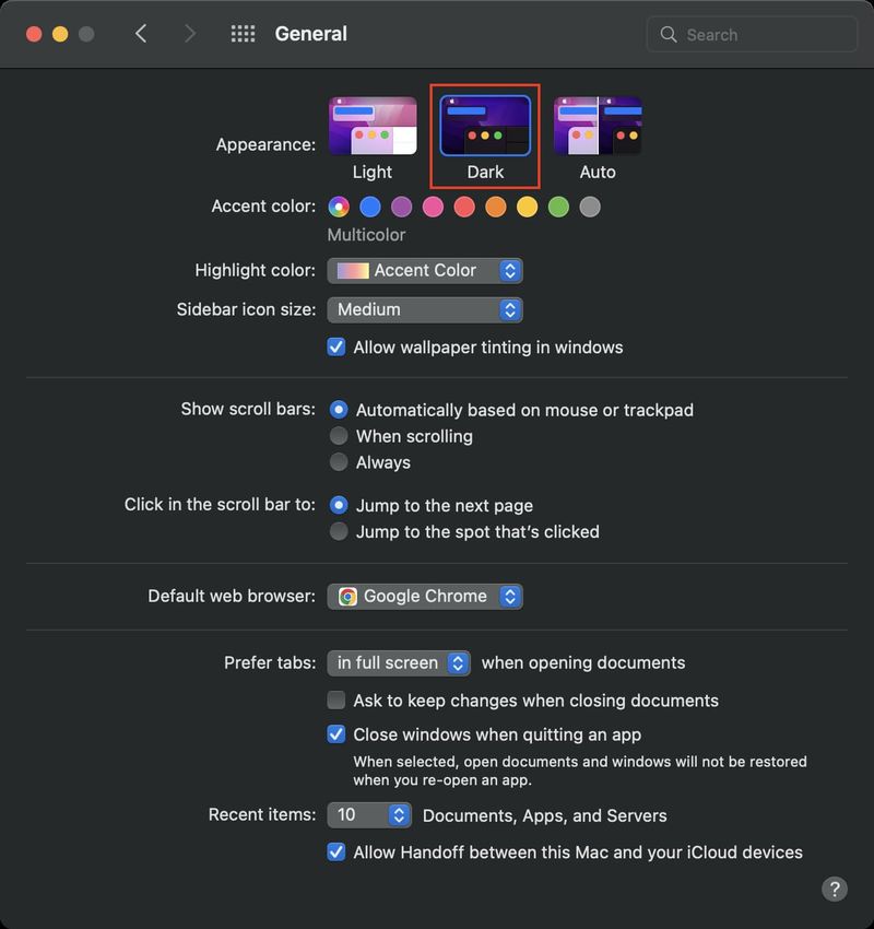 Activer le mode sombre sur Mac à partir des Préférences Système