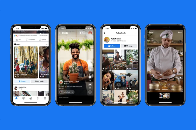 Four iPhone screenshots showcasing Facebook Reels
