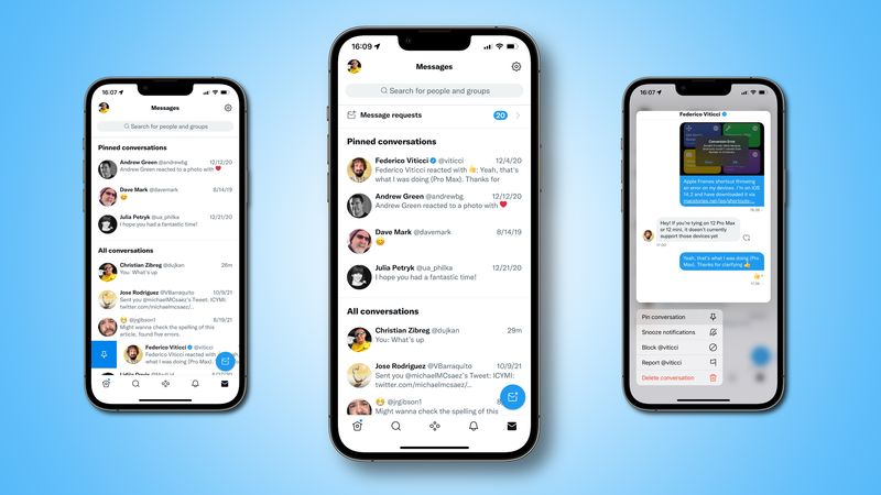 Three device screenshot showing how to pin a Twitter conversation on iPhone: by swiping right on the chat (left) or using the contextual menu (right)