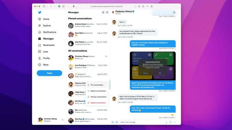 A Safari screenshot showing how to pin a Twitter conversation from the top of the DM inbox on the web, by clicking the three-dotted menu next to the chat