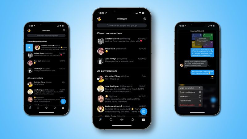 Three device screenshot showing how to unpin a conversation from the Twitter inbox on iPhone: by swiping right on the chat (left) or using the contextual menu (right)