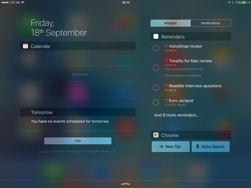 iOS 9 Notification Center landscape view 002