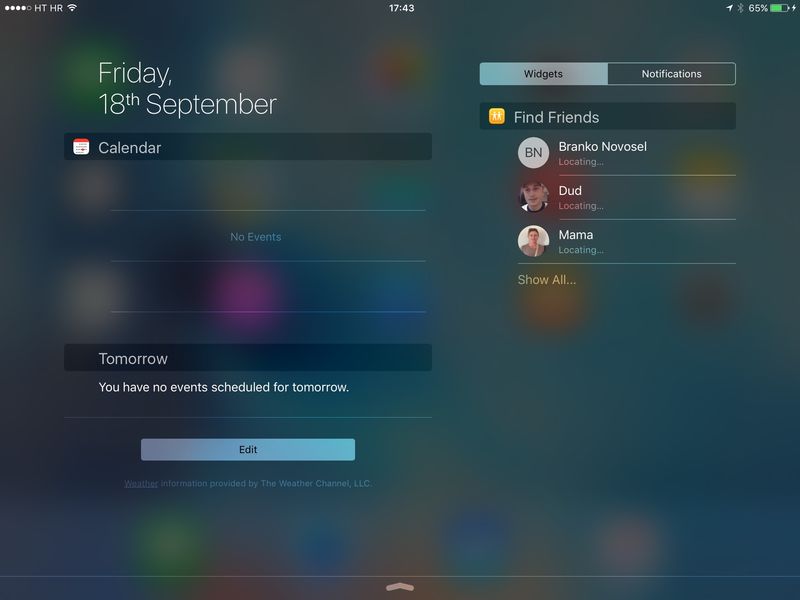 iOS 9 Notification Center landscape view