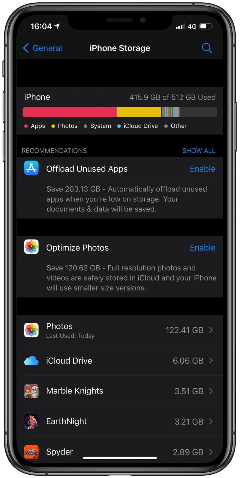 iPhone storage section screenshot