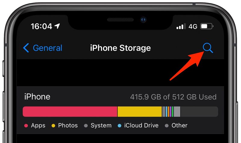 iPhone storage section - search tool highlighted