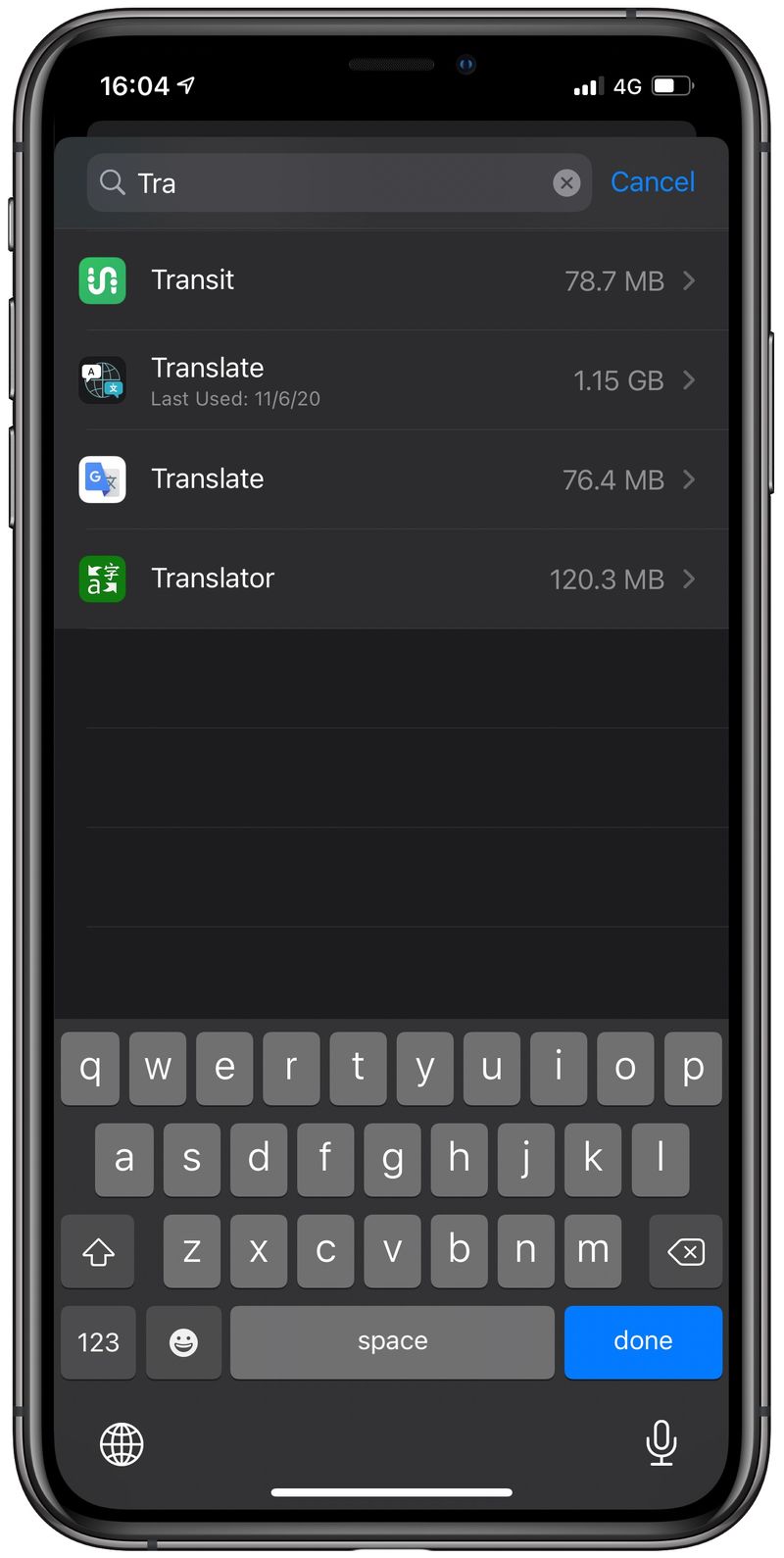 iPhone storage search example