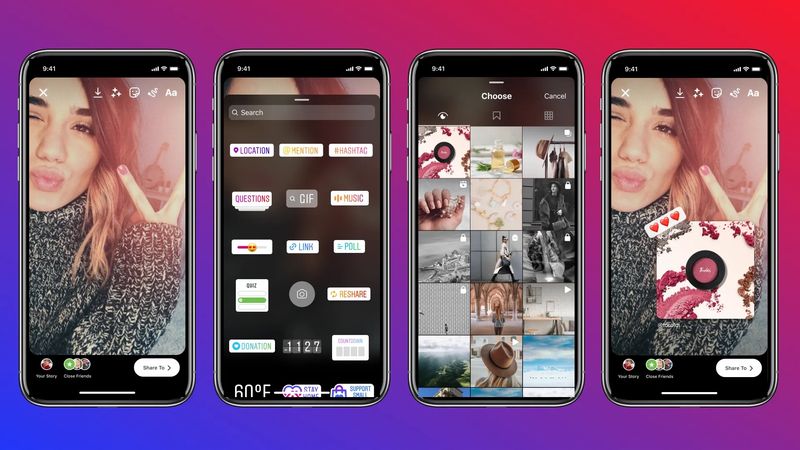 Promotional graphics showing the reshare sticker in Instagram stories on iPhone