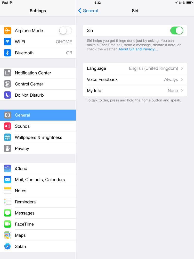 iOS 7.0.4 (Siri language settings, iPad mini UK 001)