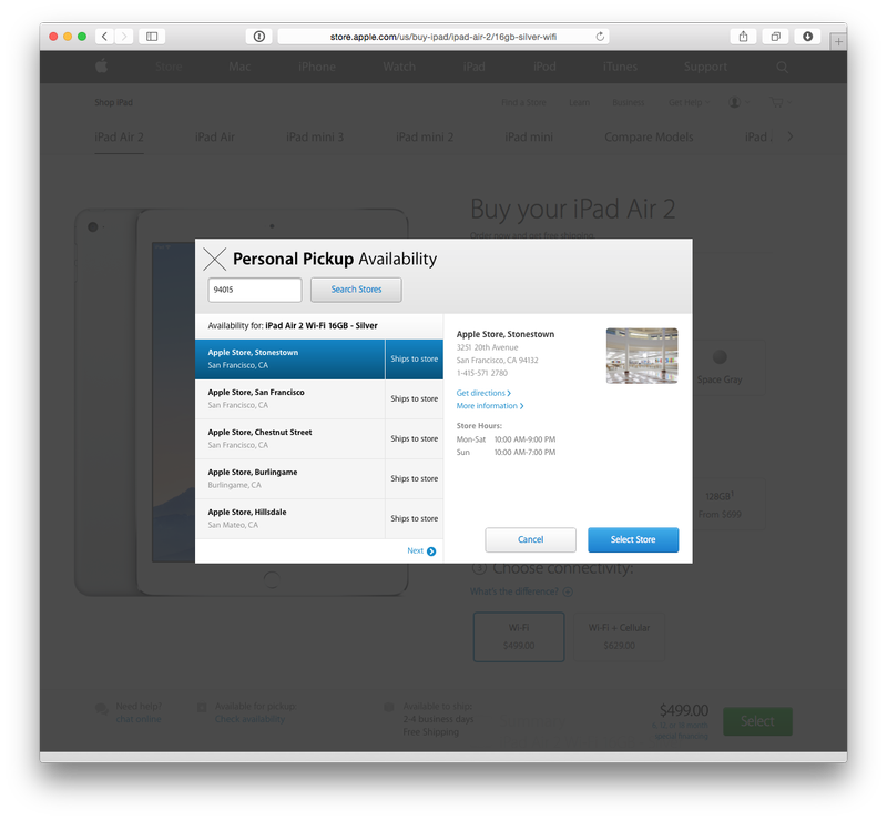 iPad Air 2 (in store pickup, web screenshot 002)