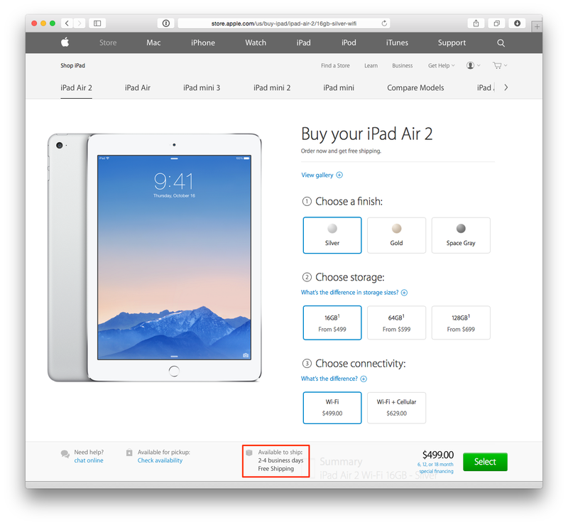 iPad Air 2 (in store pickup, web screenshot 001)