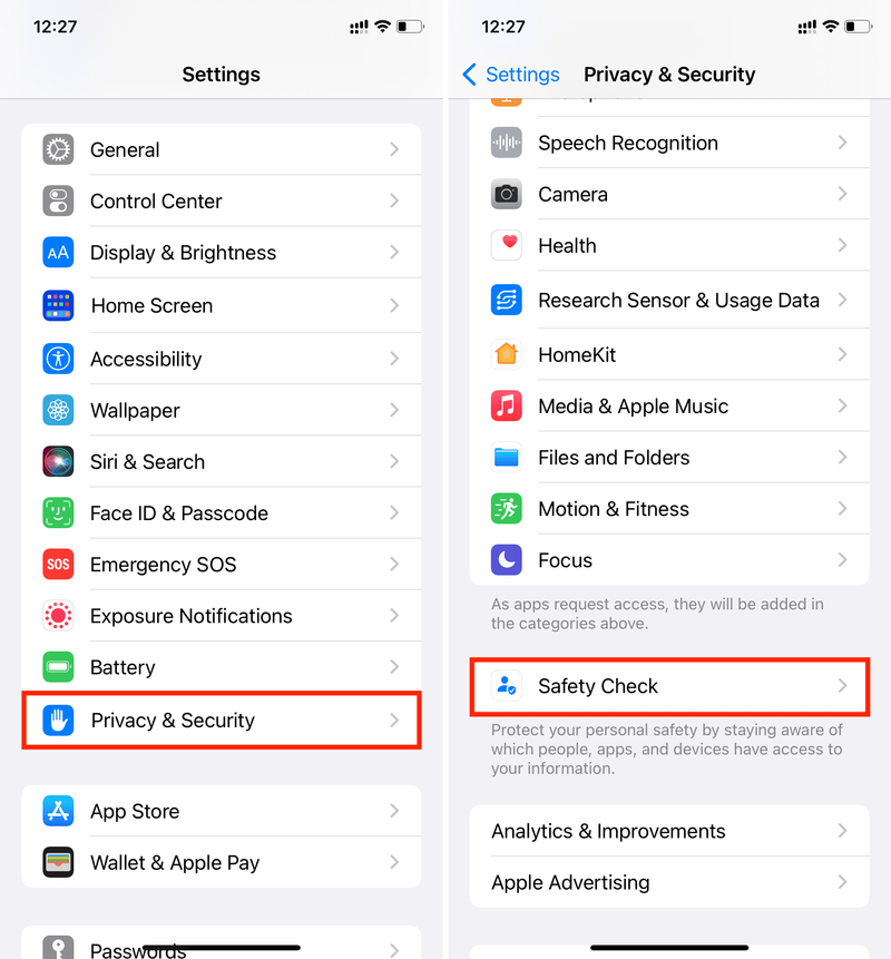 Safety Check in iPhone Privacy and Security settings