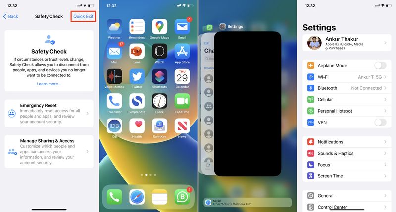 Quick Exit in Safety Check on iPhone
